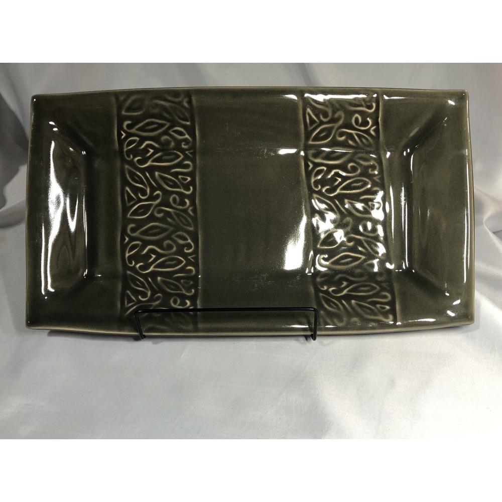 HILBORN POTTERY 14.75" x 8" Serving Dish Platter Tray Dark Olive Green -Preowned